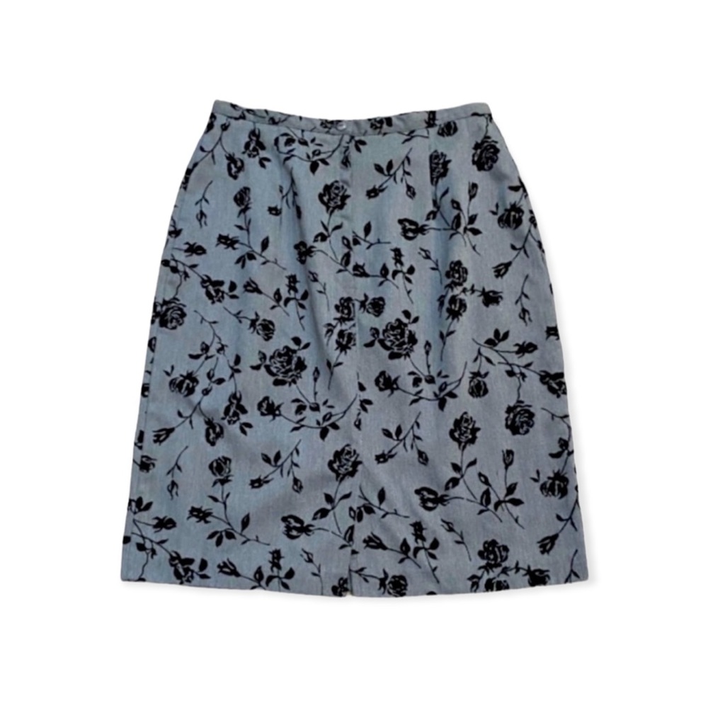Vintage 90s / 1990's Floral Skirt size women's 6 - Grey w/ black velvet flowers